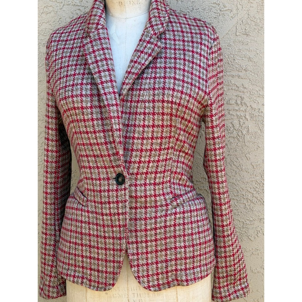 Lands End Womens Red Tan Houndstooth Knit Blazer Jacket Size S 6-8